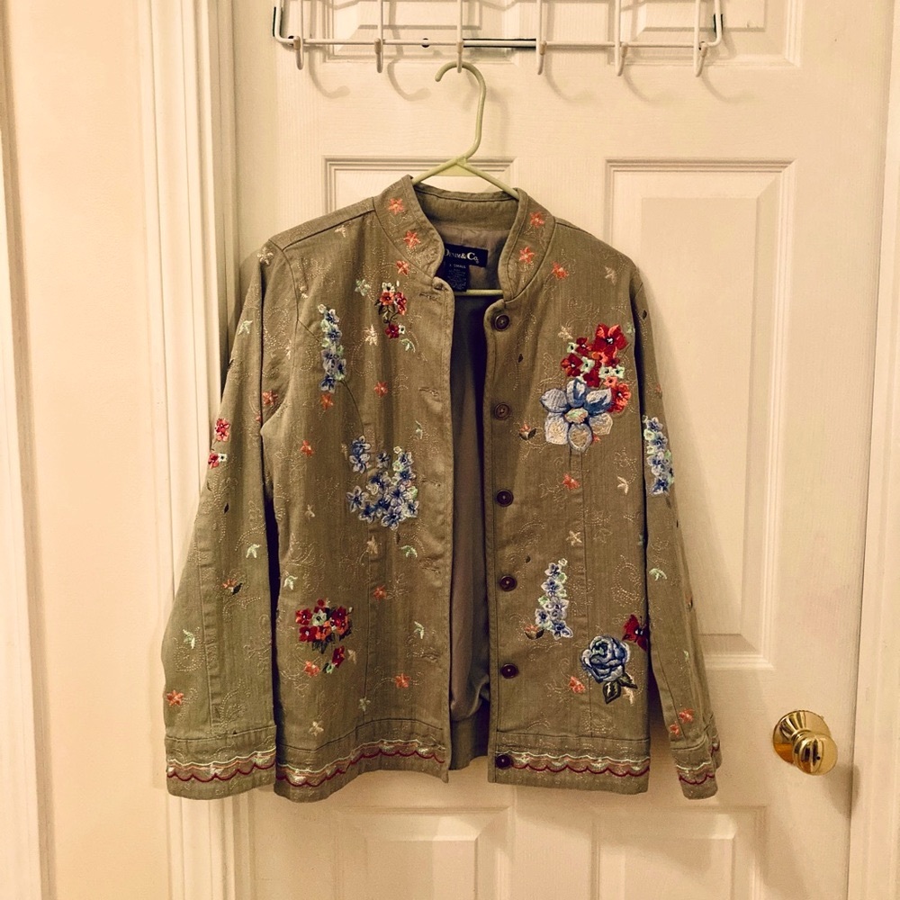 Denim & Co floral embroidered green blazer jacket coat XS